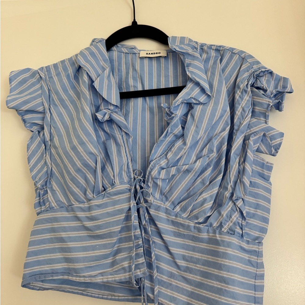 Sandro Blue and White Ruffled Cap Sleeve Blouse